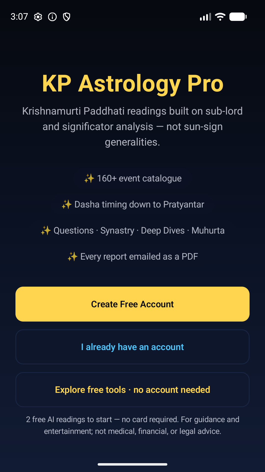 KP Astrology Pro app — welcome screen with free KP tools