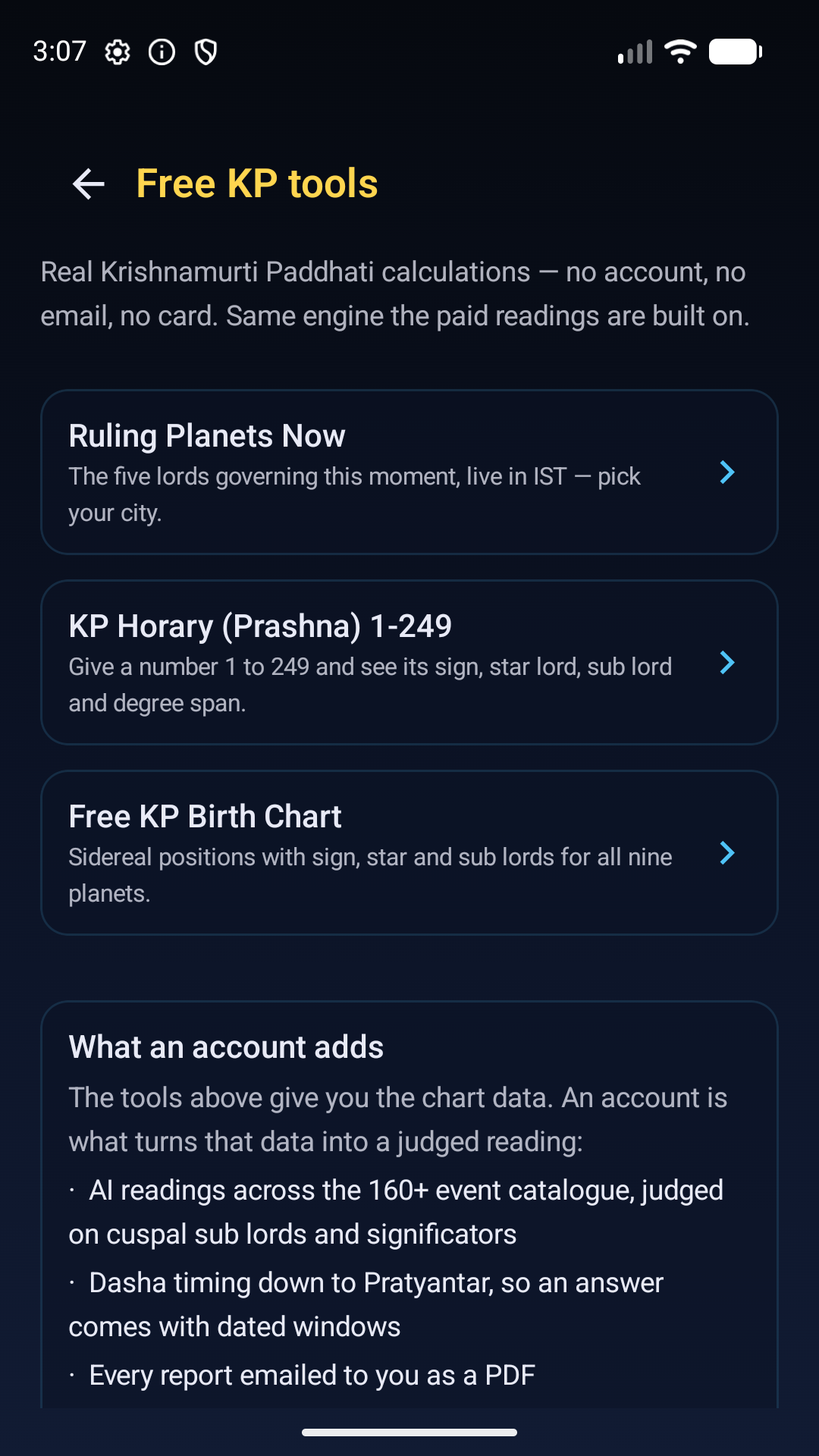 App explore hub — ruling planets, horary, readings